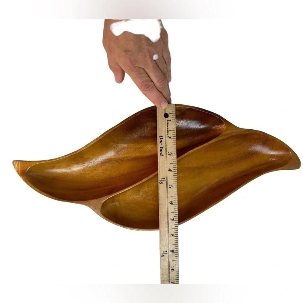 Vintage Monkeypod Wood Carved Divided Dish Serving Trinket Catch All Handmade